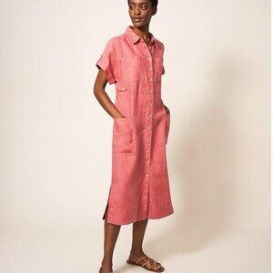 NWT White Stuff Reno Linen Midi Shirt Dress Womens 12 Pink Coastal Beach Boho